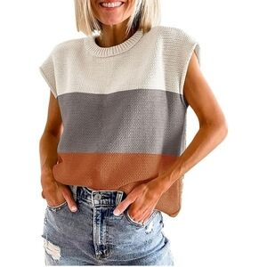 Summer Casual Loose Knit Cap Sleeve Sweater Vest B-color Block Brown